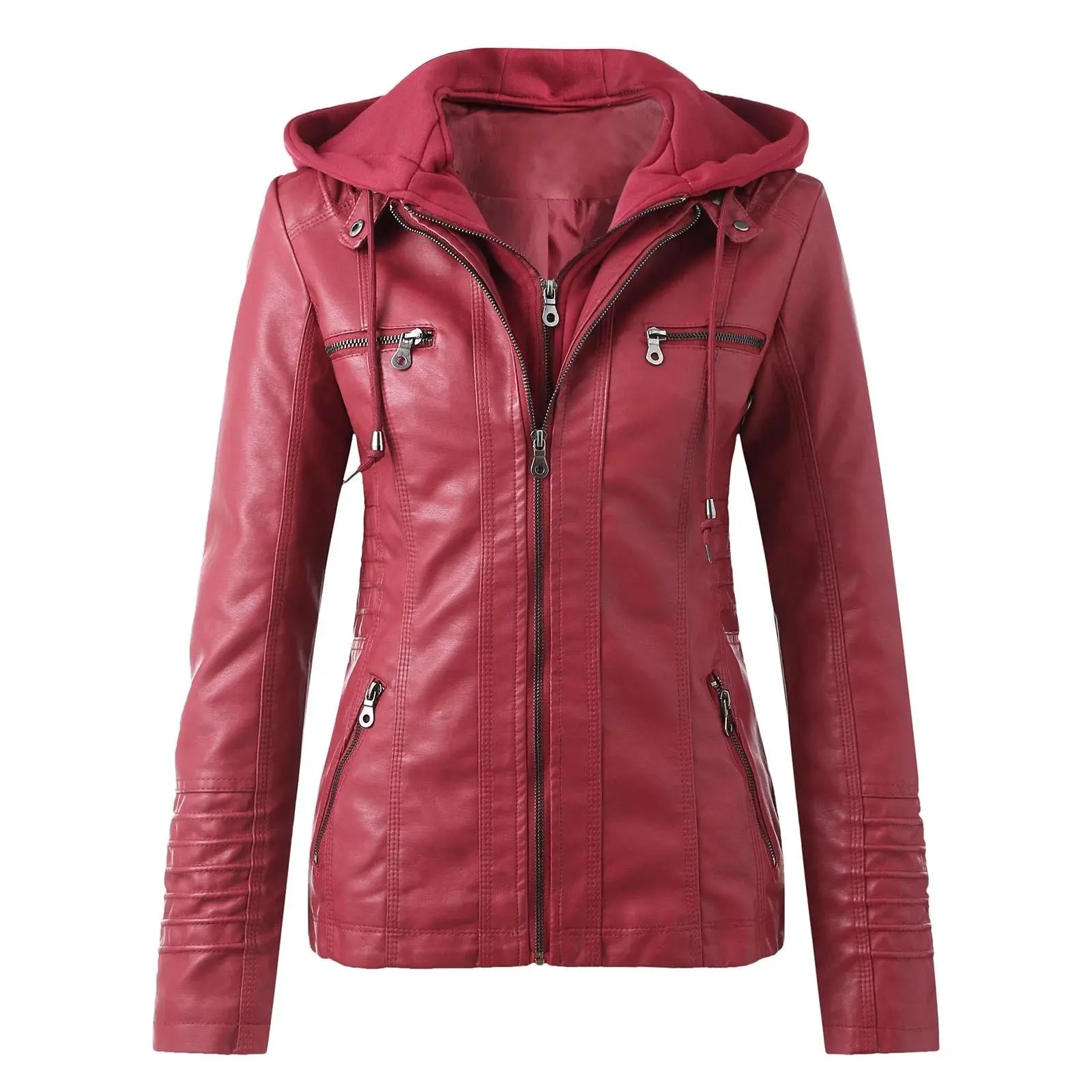 Women's Motorcycle Pu Leather Coat Vintage Brown Black Leather Jacket Long Sleeve Hooed Zipper Coat 2025 Spring Autumn Outerwear