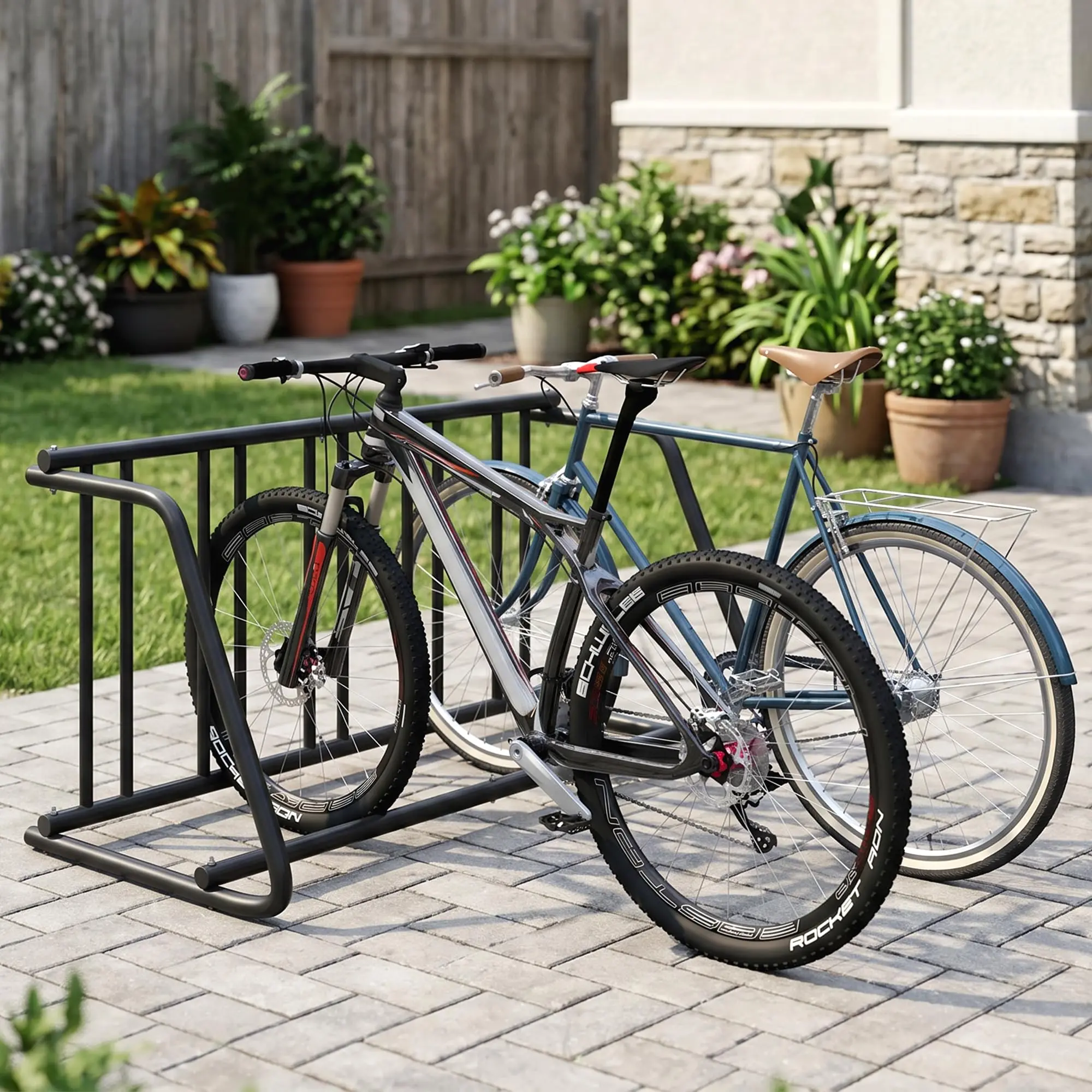 5-Bike Rack Stand, Single Sided Freestanding Metal Bicycle Storage Holder, Heavy-Duty Grid Bike Parking Organizer, Free Combination Bike Storage Cycle Rack for Mountain, Road and Kids Bikes