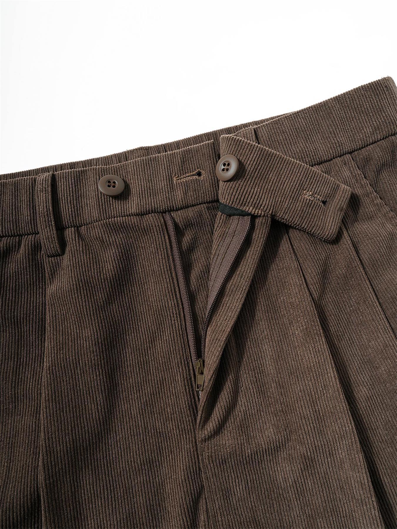 Men's Solid Color Button Fly Side Pocket Corduroy Carrot Pants, Loose-Fitting Casual Comfy Zipper Trousers for Daily Wear, Woven Bottoms for All Seasons, Casual Textured Trousers