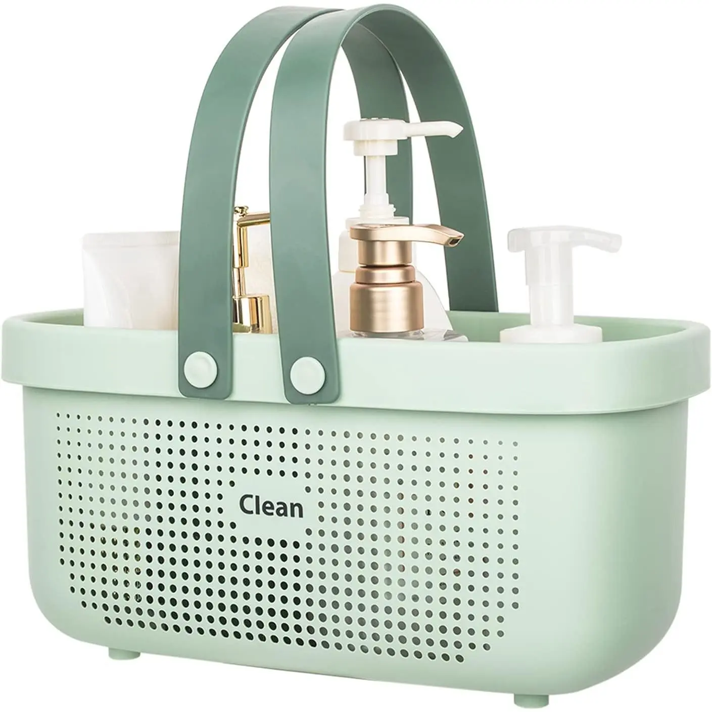 Plastic Storage Basket with Handle Portable Shower  Tote Organizer Basket Bin for Bathroom Kitchen Dorm Room Bedroom, Green | Sturdy Drainage Large Capacity Organizer Basket with  Handles for Bathroom Kitchen Bedroom College Dorm Essentials
