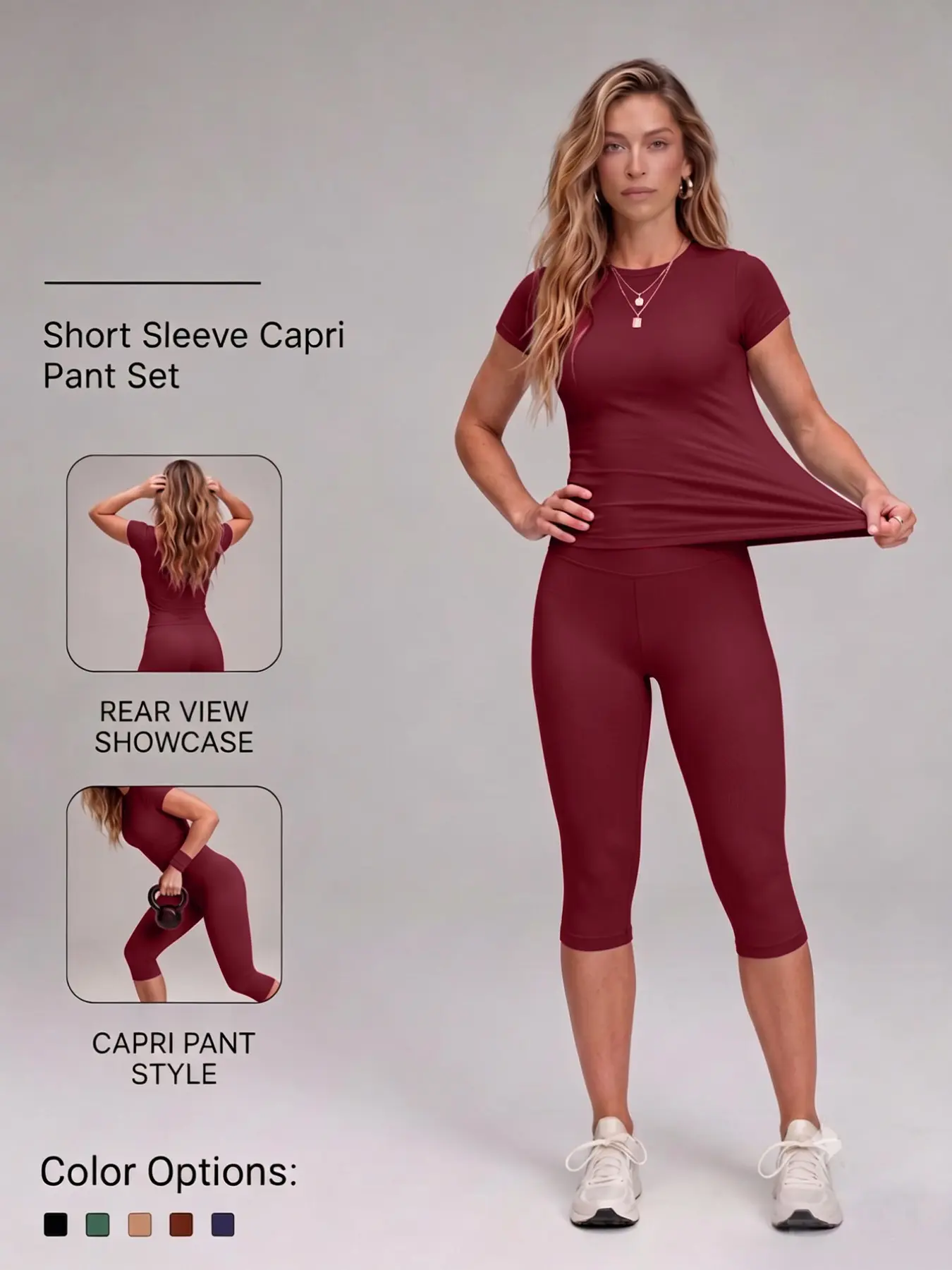 Women's Two-Piece Capri Sport Set, Short Sleeve Round Neck T-Shirt & High Waist Tight Pants, Yoga Fitness Wear, Summer Outdoor Sports