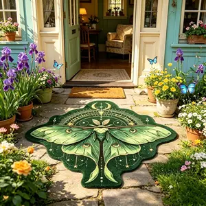 1 Piece Luna Moth Irregular Carpet Rug, Area Rug, Green Witchy Moon & Star Celestial Pattern, Ultra-Soft Non-slip Machine Washable Floor Carpet Rug, Ideal For Porch Entryway & Forest Cottage Home Decor