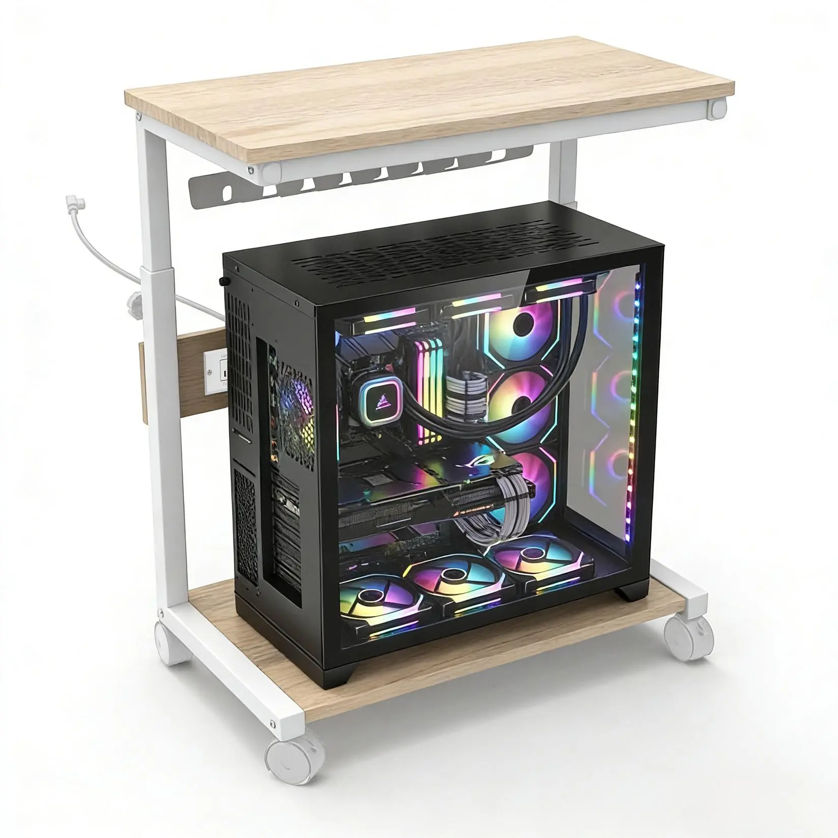 Electric Adjustable CPU Stand with Power Strip 2 Tier Computer Tower Stand under Desk Mobile PC Holder Cart with Wheels & USB Charging Ports Heavy Duty Rolling Server Case Holder Gaming Setup Storage Organizer Black