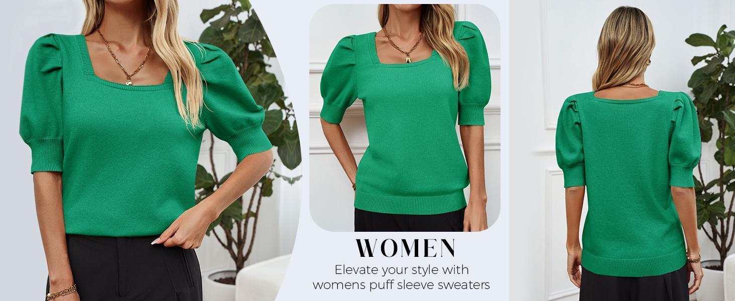 Imily Bela Women's Puff Short Sleeve Sweater Tops 2023 Spring Summer Trendy Square Neck Casual T Shirts Blouses