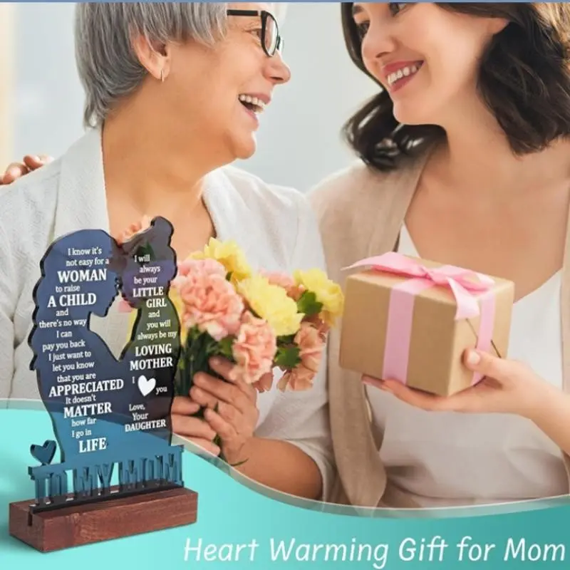 Mother Daughter Father Son Silhouette Metal Desk Decor, Gratitude Text Memorial Plaque, Heartfelt Holiday Gift, Wooden Base Decoration