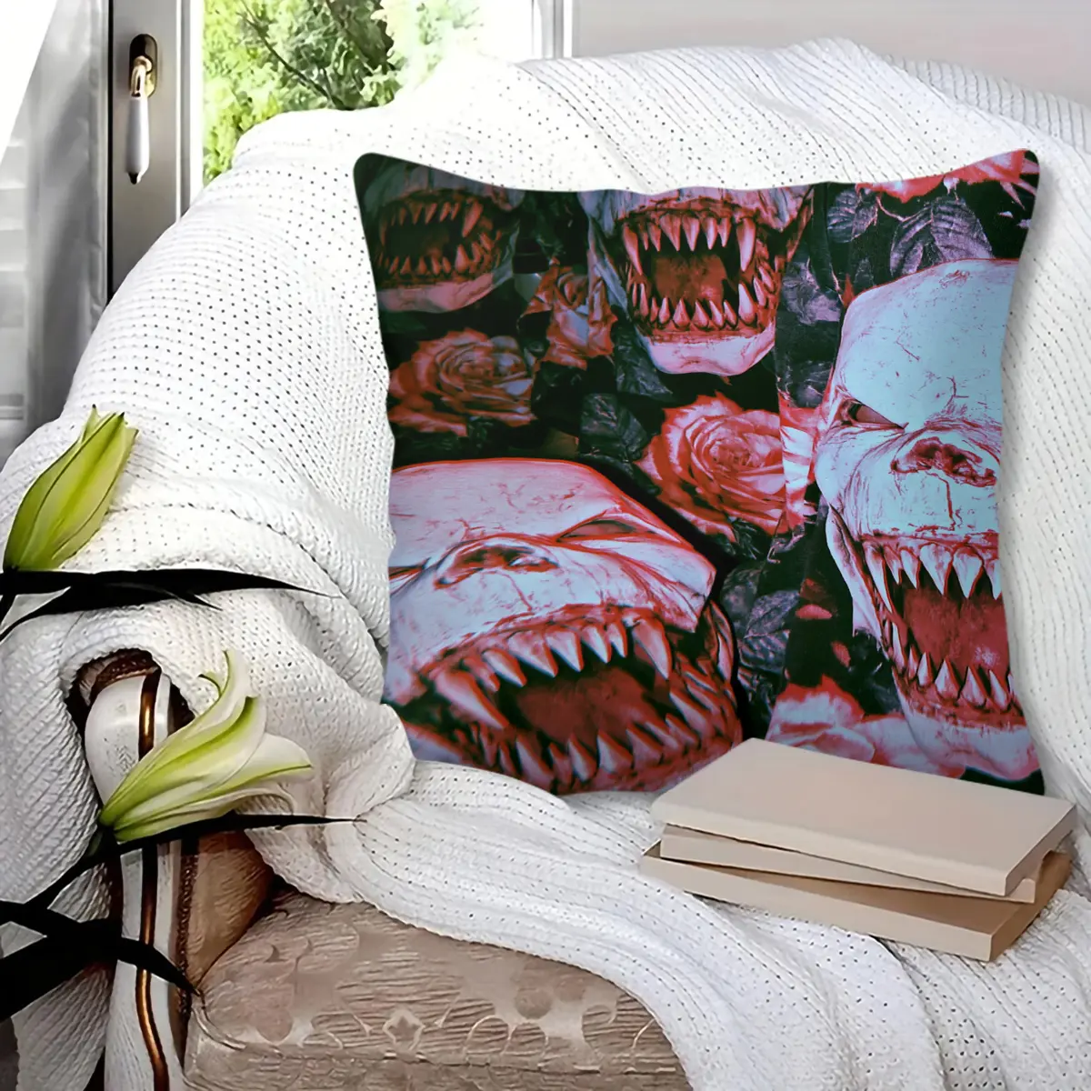 45x45cm 1Pc, Spooky Horror Monster Sharp Teeth & Rose Print Throw Pillow, Soft Fluffy Durable Decorative Cushion, Perfect for Sofa, Bedroom, Living Room Decoration, Ideal Halloween Small Festival Gift, with Pillow Insert