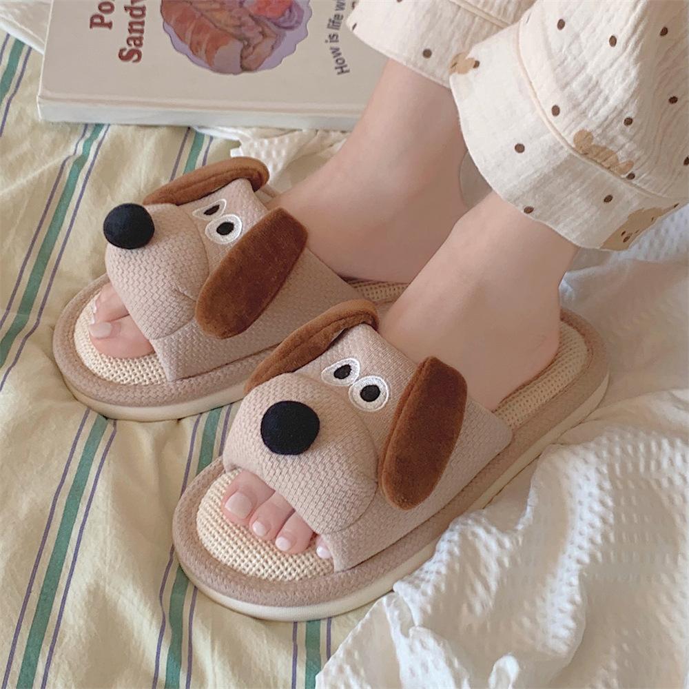 Women's big eared dog indoor poop floor slippers cute and lovely big eared dog soft soled linen slippers shoes walking shoes flip flops