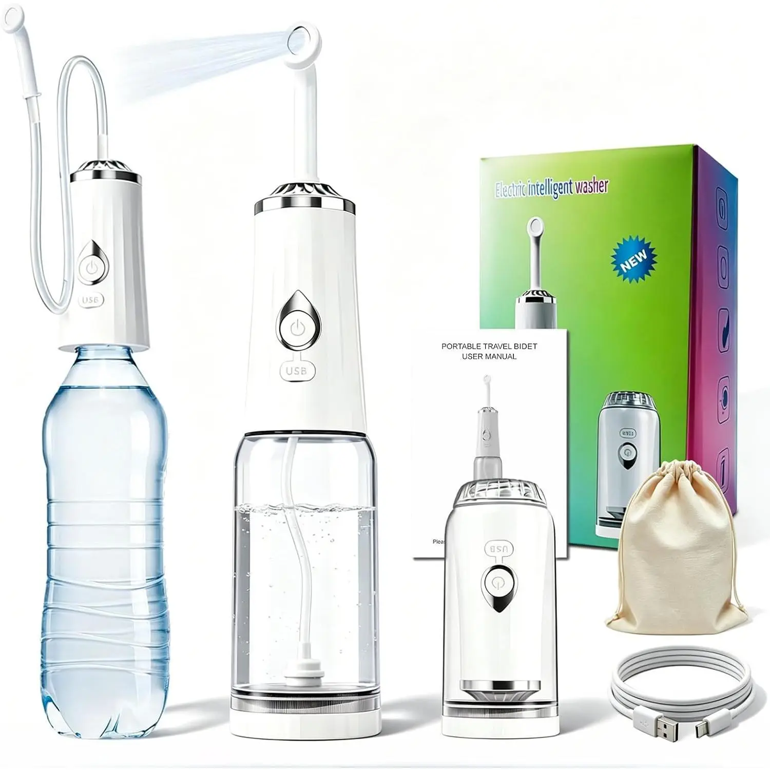 Rechargeable Electric Handheld Sprayer, IPX7 Waterproof with 50cm Hose, 4 Spray Modes 360° Nozzle, Fits 28mm Connector Bottles, Portable Compact Sprayer for Travel Camping Outdoor