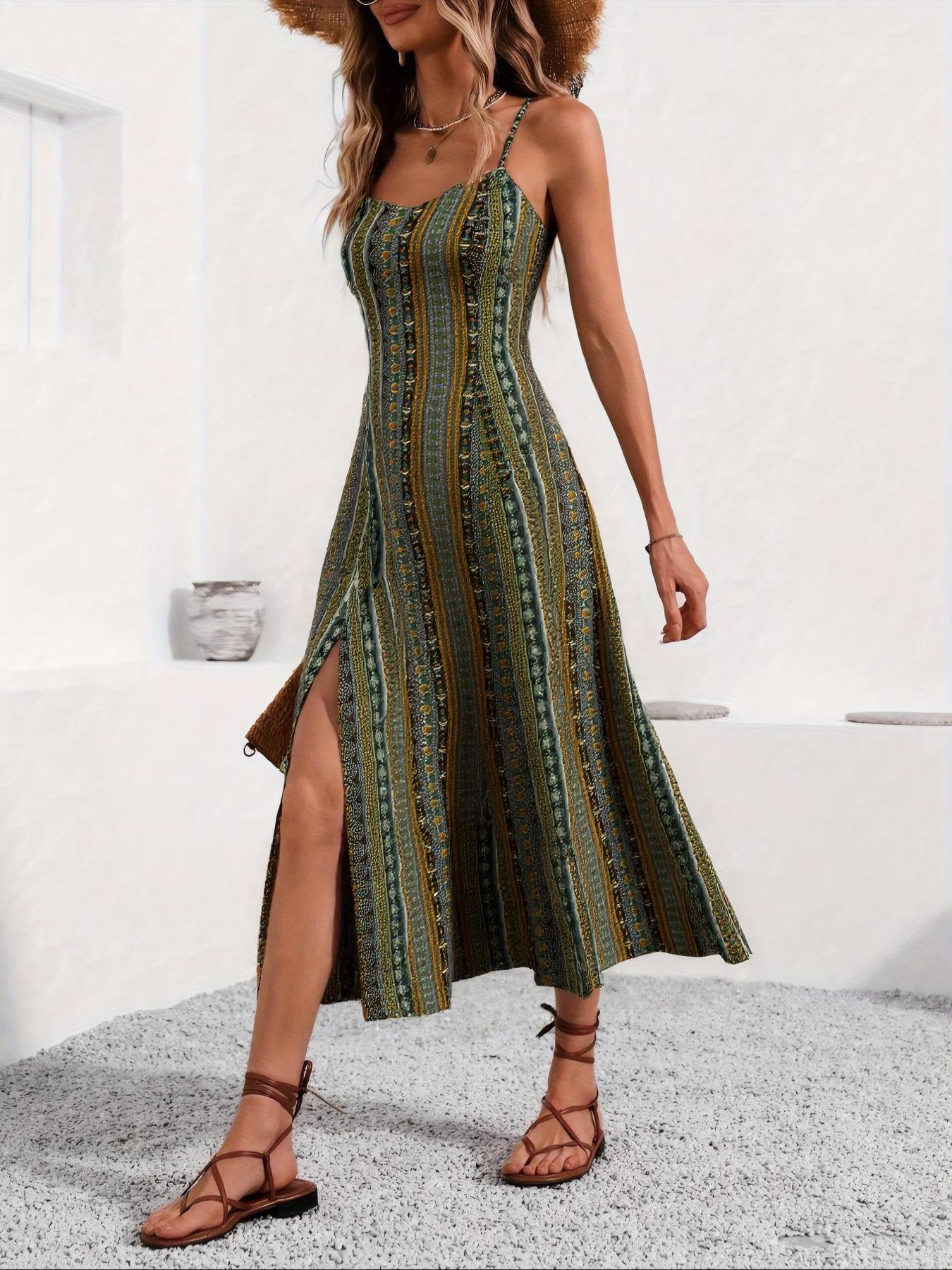 Women's All Over Ethnic Pattern Backless Split Thigh Cami Dress, Boho Fashion Casual Sleeveless Long Dress for Beach Holiday Vacation, Ladies Dress for All Seasons, Casual Boho Chic