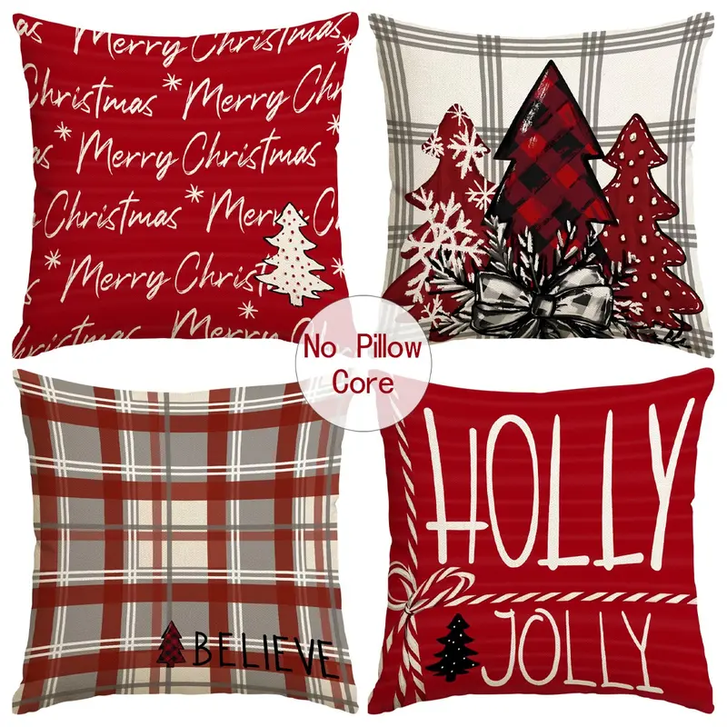 4pcs Classic Red Grid Festive Christmas Pillow Set Covers, Home Decoration (No Pillow Core)