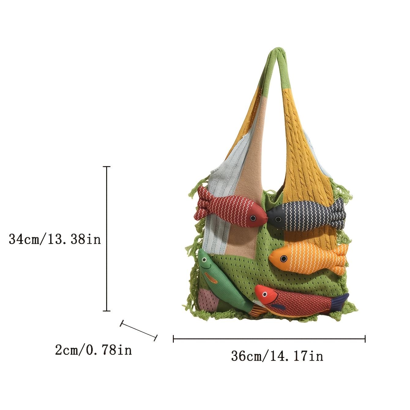 2026 New Niche Versatile Fashion Patchwork Personality Fish Handbag Knitted Tote Bag for College Students, Large Capacity Women's Bag for Class and mute