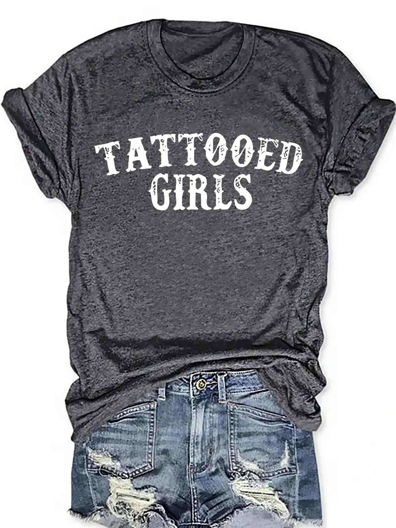 Women's Tattooed Girls Print Round Neck Tee, Vintage Trendy Casual Chic Minimalist Short Sleeve T-shirt for Daily Wear, Ladies Summer, Top, Streetwear, Womenswear