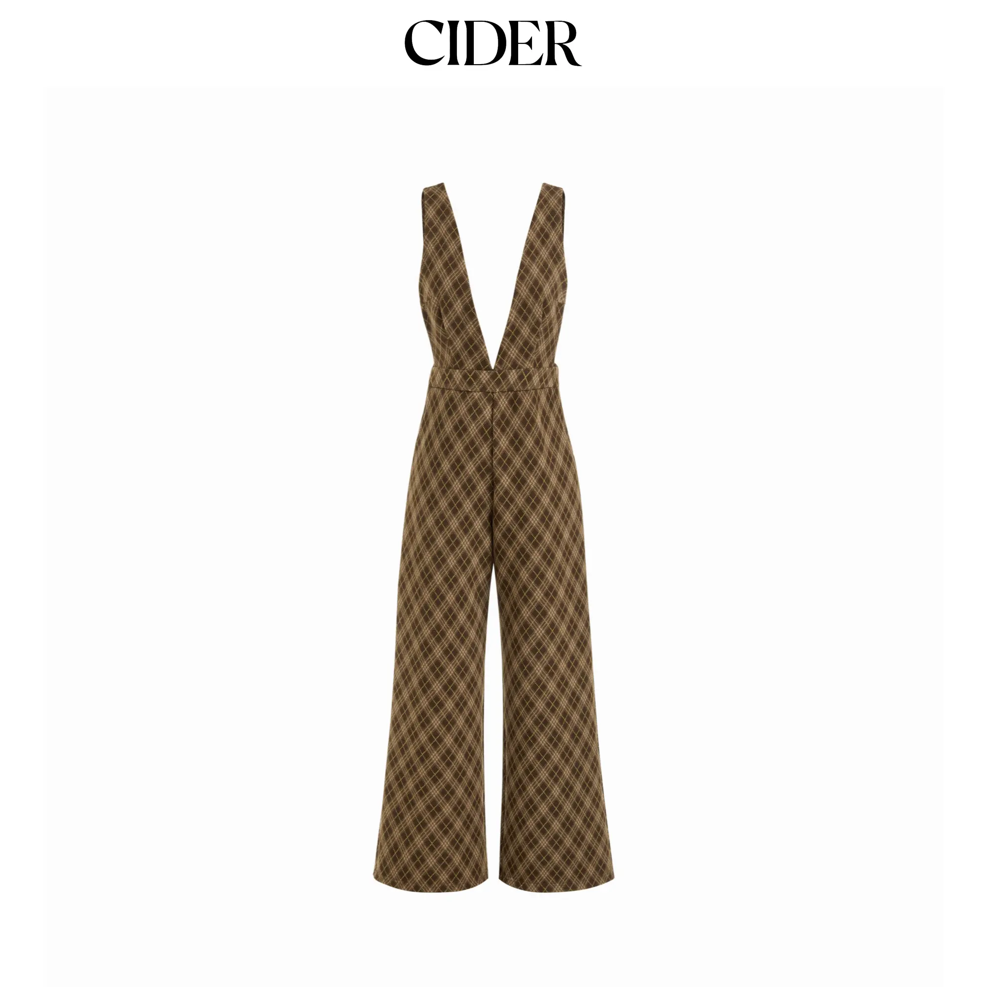 Cider Wool-look Plaid Deep V-neck Wide Leg Jumpsuit