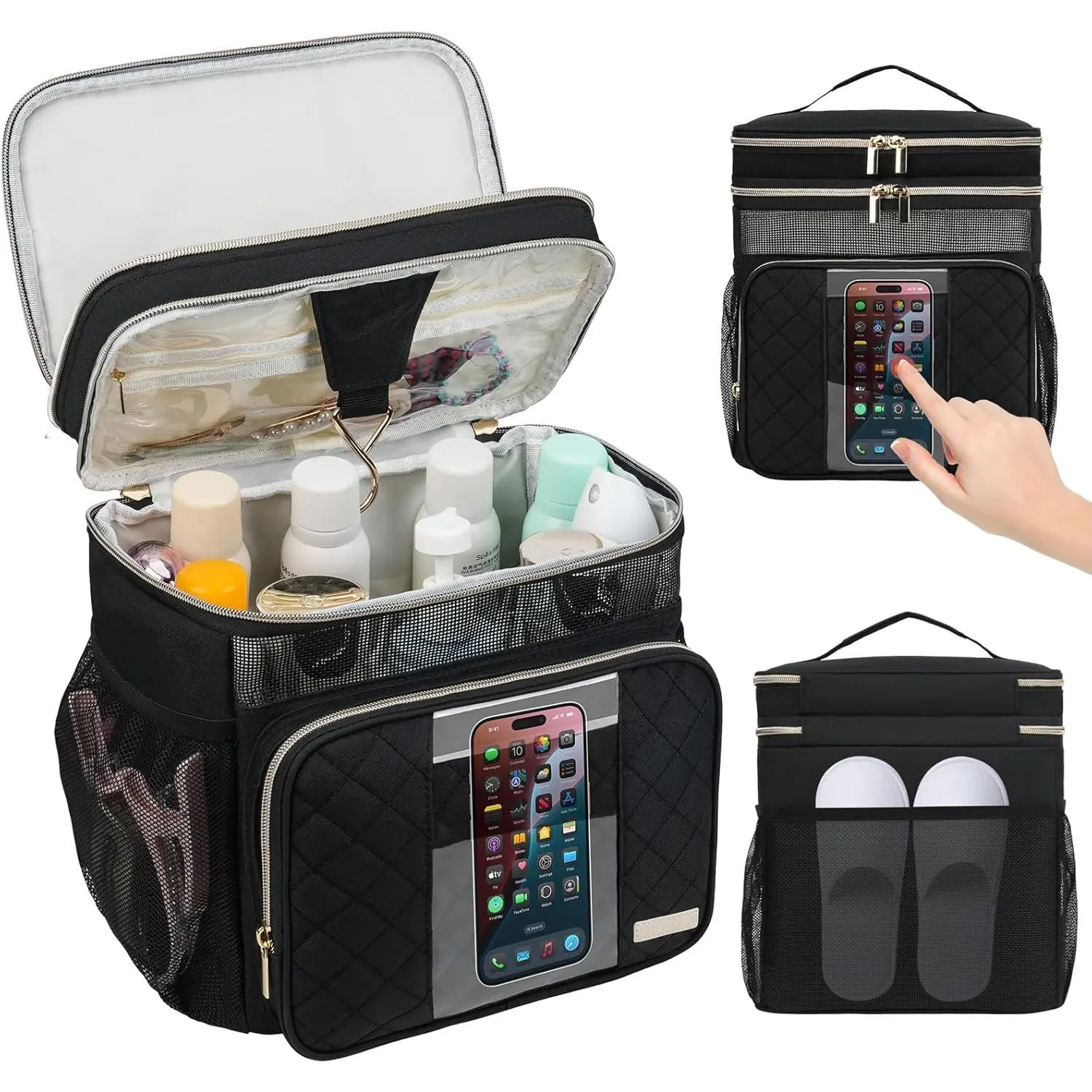 Large Toiletry Bag for Women Men, Portable Shower Caddy College Dorm Essentials, 2 Layers Quickly Dry Mesh Bathroom Tote Bag, Hanging Makeup Organizer Bag for Travel, Gym, Camping (Black)