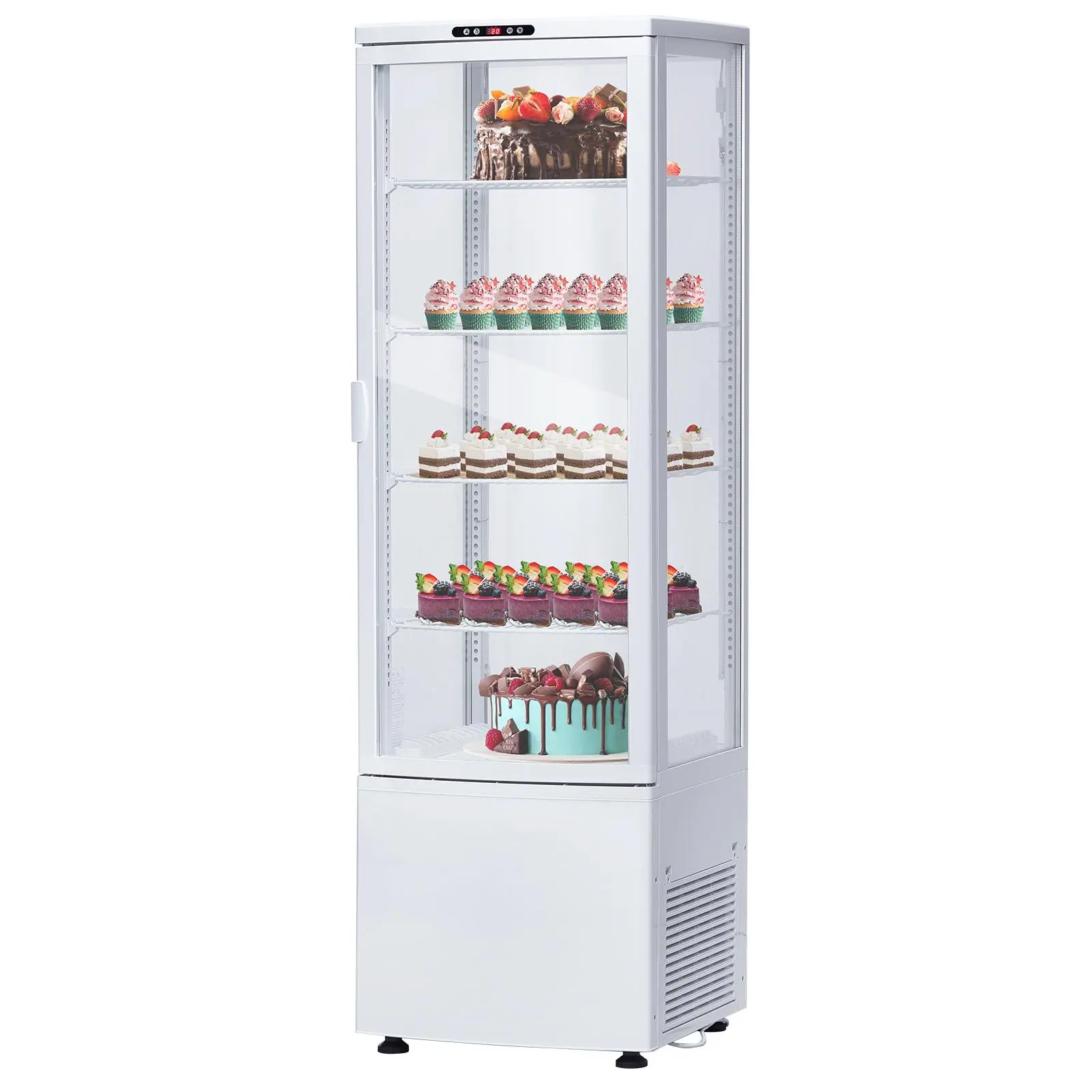 8.4 Cu.Ft Commercial Cake Display Refrigerator, Single Door Countertop or Floor Standing Cooler with Double-Layered Glass, Fast Cooling, LED Lighting, Rear Sliding Door & Global Wheels, Black
