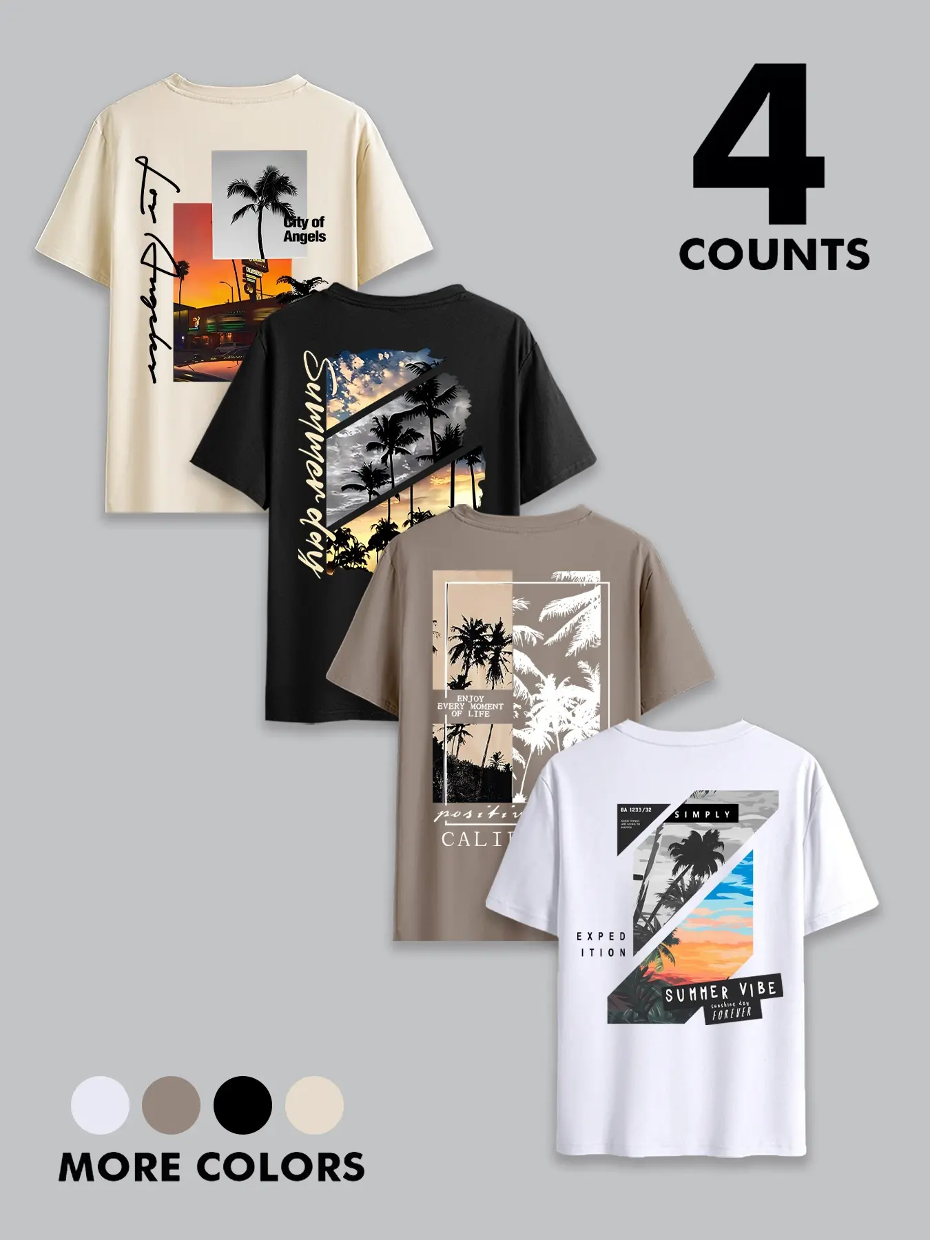 Men's 4-Pack American Los Angeles Palm Tree Print Round Neck Short Sleeve T-Shirt, Vintage California Sunset, Summer Casual Wear, California Graphic Tee