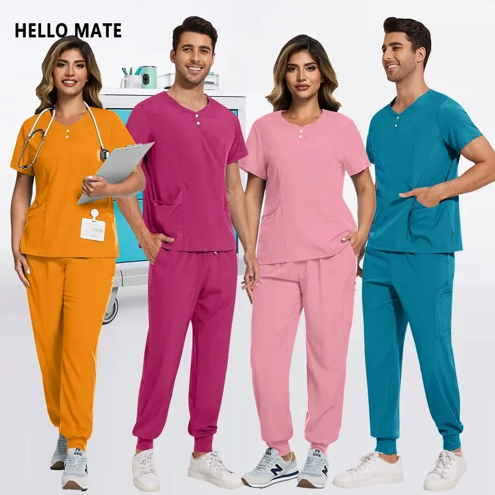 Unisex 2pcs Clinical Scrubs Set Hospital Nurse Uniform Women's Pockets Blouse Jogging Pants Elastic Wear Medical Nursing Clothes