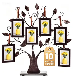 Metal Tree Wall Décor Photo Frame Set - 10 Hanging 2x3 Frames, 13" Design, No Glue Needed, Reusable Display, Gift for Mom, Home Supplies Decoration