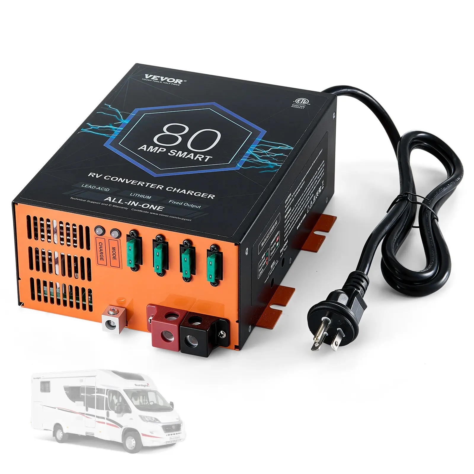 VEVOR RV Converter, 80 Amp, 110V AC to 12V DC RV Power Converter Battery Charger with 4 Stage Smart Charging 13V to 16.5V Adjustable Operating Range, Compatible with Lithium Lead Acid Battery, ETL