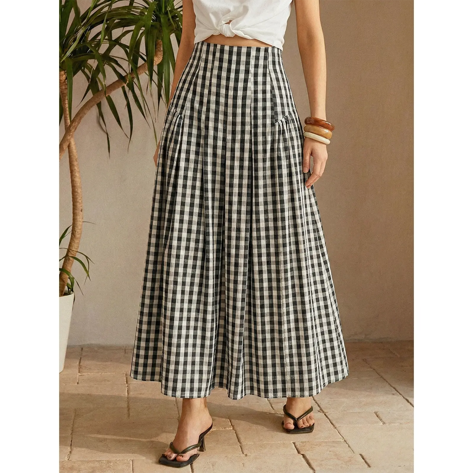 Gingham High-Waisted Pleated Midi Skirt,clothes for back to school,first day of school outfits