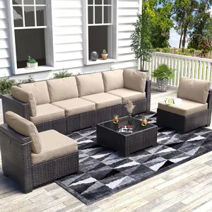 Garvee 7-Piece Patio Sectional Sofa Set - PE Rattan Wicker, Beige Cushions, Glass Coffee Table, Ottoman, All-Weather Conversation Furniture for Garden, Backyard, Porch, Poolside