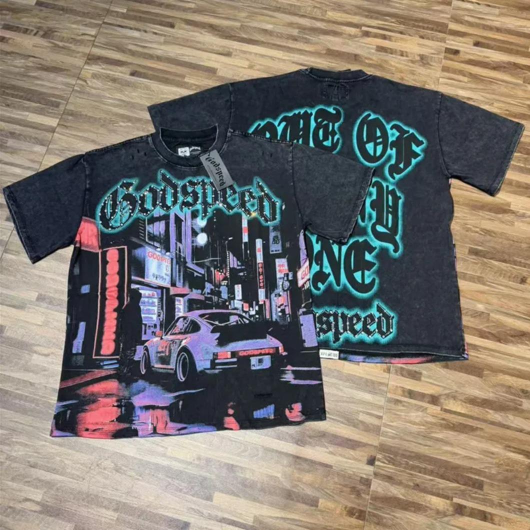 Real Photo Original Label Ripped Hot Drill Godspeed Short Sleeves T Shirt American Cotton Vintage Washed Rhinestone Bling Oversized Loose Unisex Round Neck Streetwear Hip Hop Y2K Casual Tops Tees With Tags For Men Women