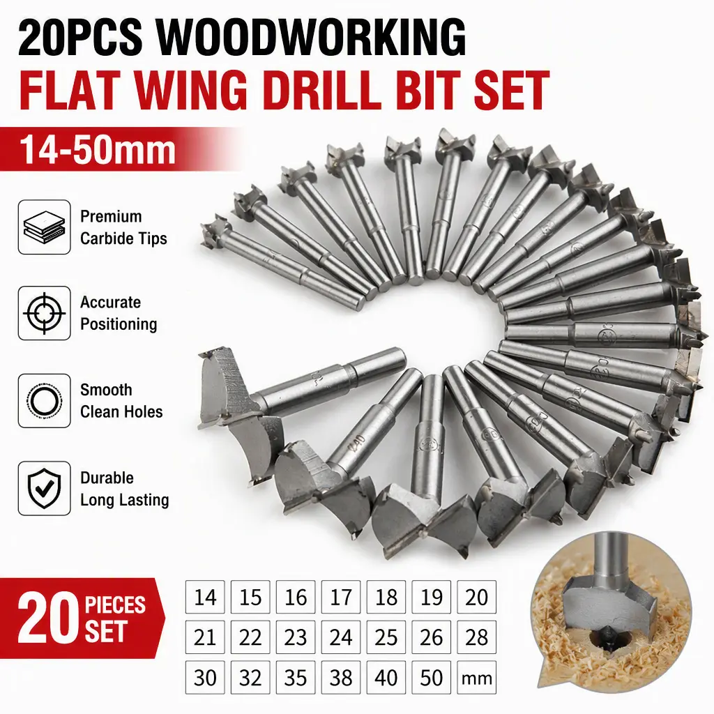 14mm to 50mm Forstner Bits 20Pcs Kit, Carbide Flat Wing Wood Hole Opener, Woodworking Boring Drill Bits