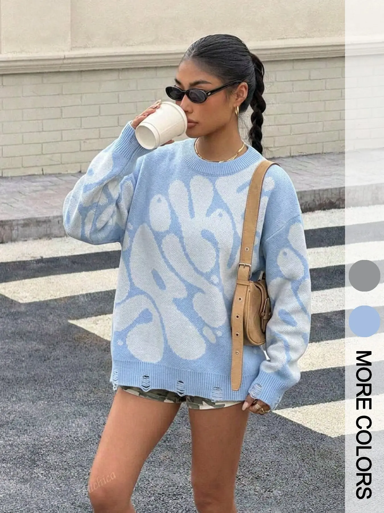 Light Blue Abstract Flower Sweater Women, Casual Loose-Fit Round Neck Knit Top, Fall & Winter Fashion, American Style, Unlined
