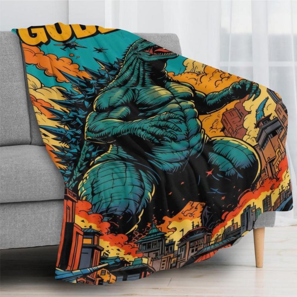 Retro Godzilla Comic Art Flannel Blanket Kaiju Enthusiasts Christmas Gift Dynamic City Attack Design Soft Warm for Bed Sofa Home Decor
