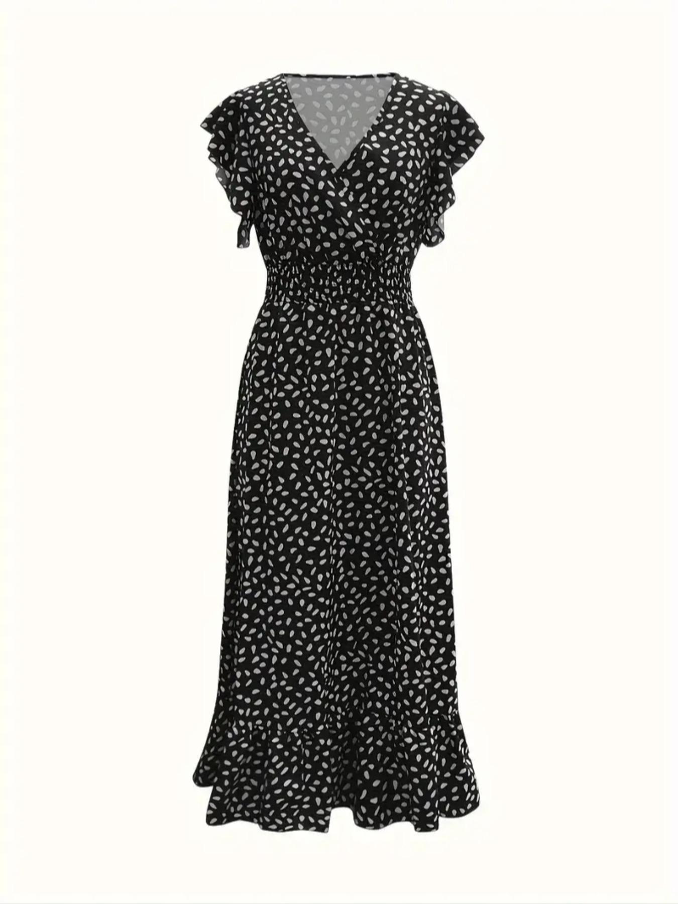 Women's Spring Summer Fashion Casual Floral V Neck Ruffle Waist Slim Bohemian Boho Style Dress, Long Cap Sleeve Fitted Wrap Dress for Vacation Women's Spring Summer Fashion Casual Floral V Neck Ruffle Waist Slim Bohemian Boho Style Dress, Long Cap Sleeve Fitted Wrap Dress for Vacation