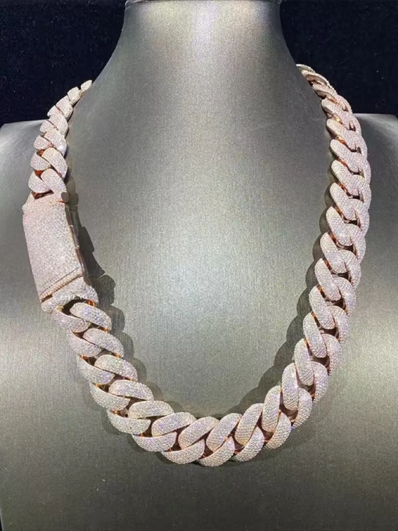 Hiphop necklace custom straight buckle lock 22mm 6 rows bubble Cuban chain VVS diamond chain rose gold ice jewelry, Cuban Link Jewelry, large size heavy Cuban necklace, gold-plated process