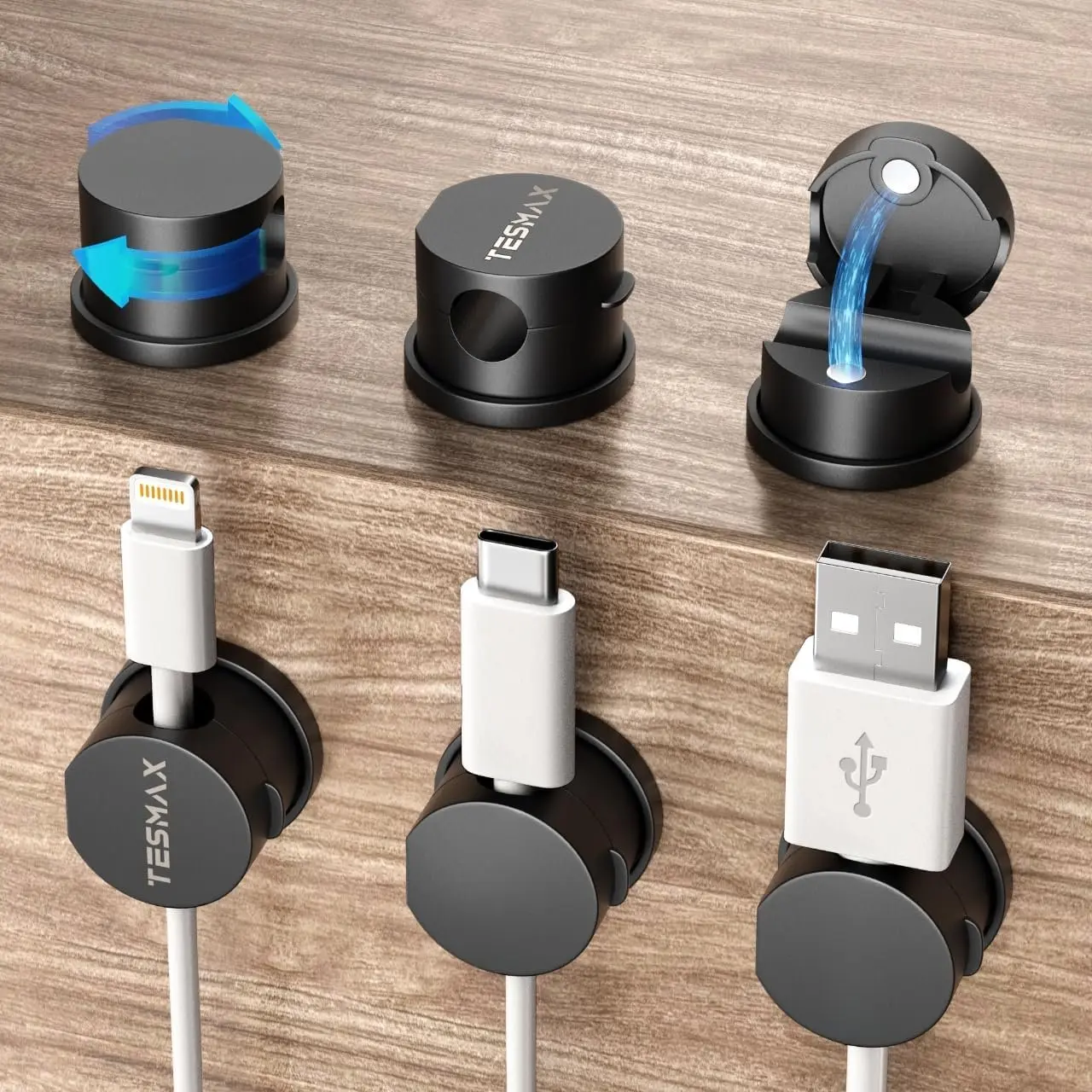 6-Pack Adhesive Cord Holder Clips, 360° Rotatable 1s Lock Organizer with 2.5mm to 8mm Slot Diameter for USB Cables, 300% Adhesive Strength Car Interior Stowing Accessory for Nightstand, Desk Organizer