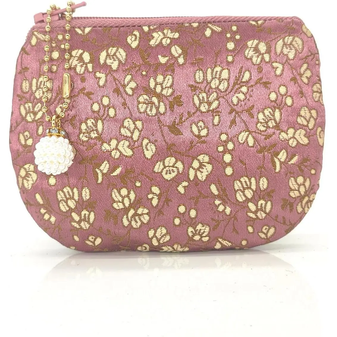 Handmade Women's Zippered Silk Brocade Wallet Bag - Coin Purse, Rosary Pouch, Jewelry Holder - Pale Violet Red, Compact