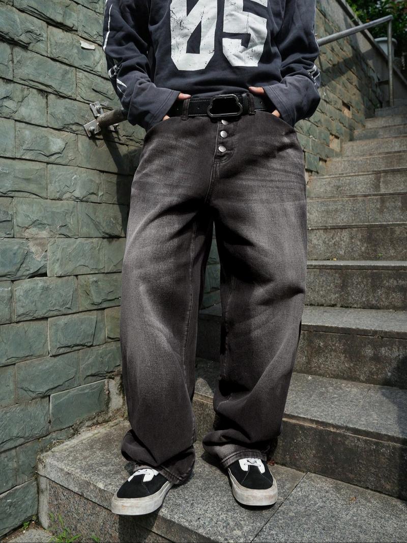 Men's Solid Button Fly Wide Leg Jeans, Loose Casual Comfy Denim Trousers for Daily Wear, Fashion Men's Bottoms for All Seasons, Denim Clothing