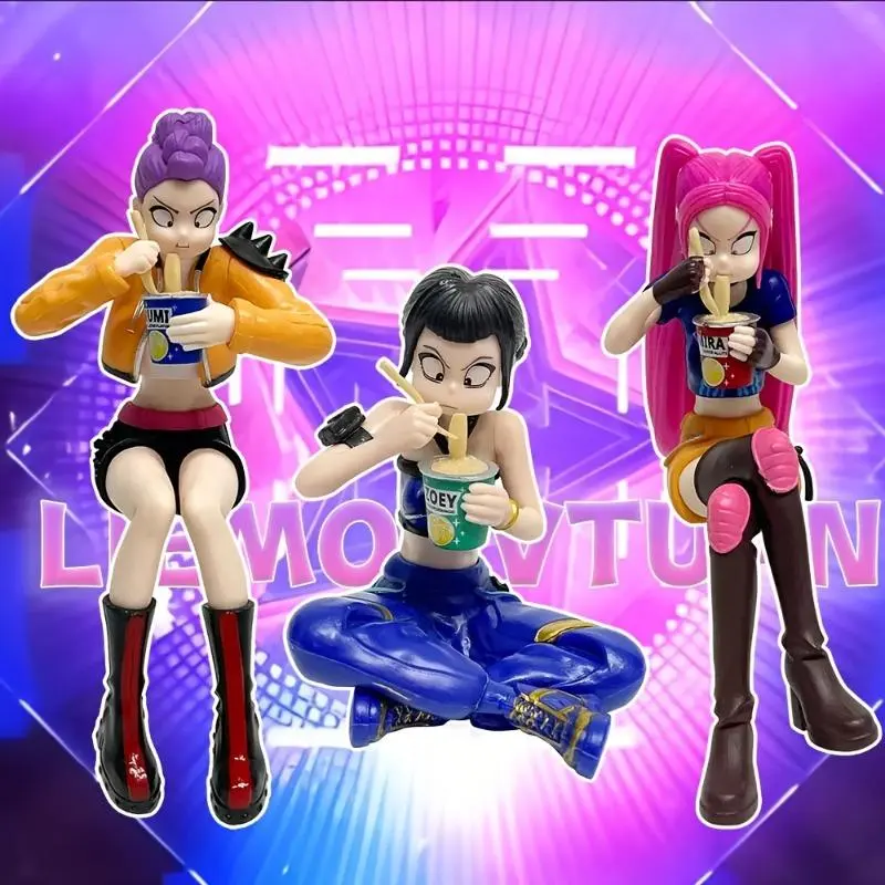 Anime Idol Girl Group Female Character Miniature Statue - Cute Moment, Desk Snack Scene, Anime Desk Buddy, Sitting Pose Eating Instant Noodles, Decorative Collectible for Desktop Decoration (Toys & Hobbies Classic Novelty Figure), Cute Anime Moment
