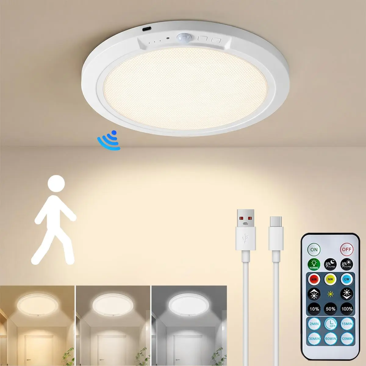 Rechargeable Motion Sensor Ceiling Light, 10,000mAh Battery with Magnetic Mount & Remote |  400LUM Wireless Motion-Activated Light for Closet, Hallway, Stairs, Garage, Pantry