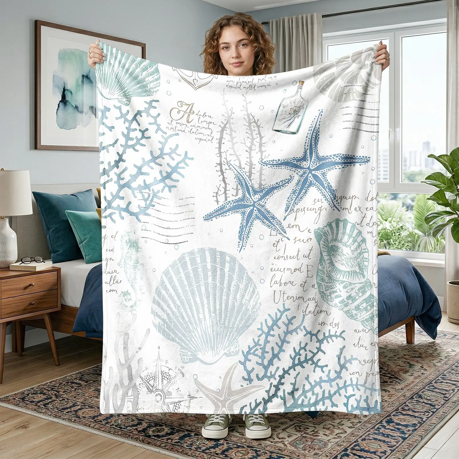1pc Ocean Starfish Shell Flannel Blanket, Coastal Fleece Throw with Seashells, Coral, Marine Plants and Vintage Nautical Artwork, Blue Green Beach Style Soft Cozy Blanket for Sofa, Bed, Office, Reading Corner, Travel, Birthday & Christmas Gift