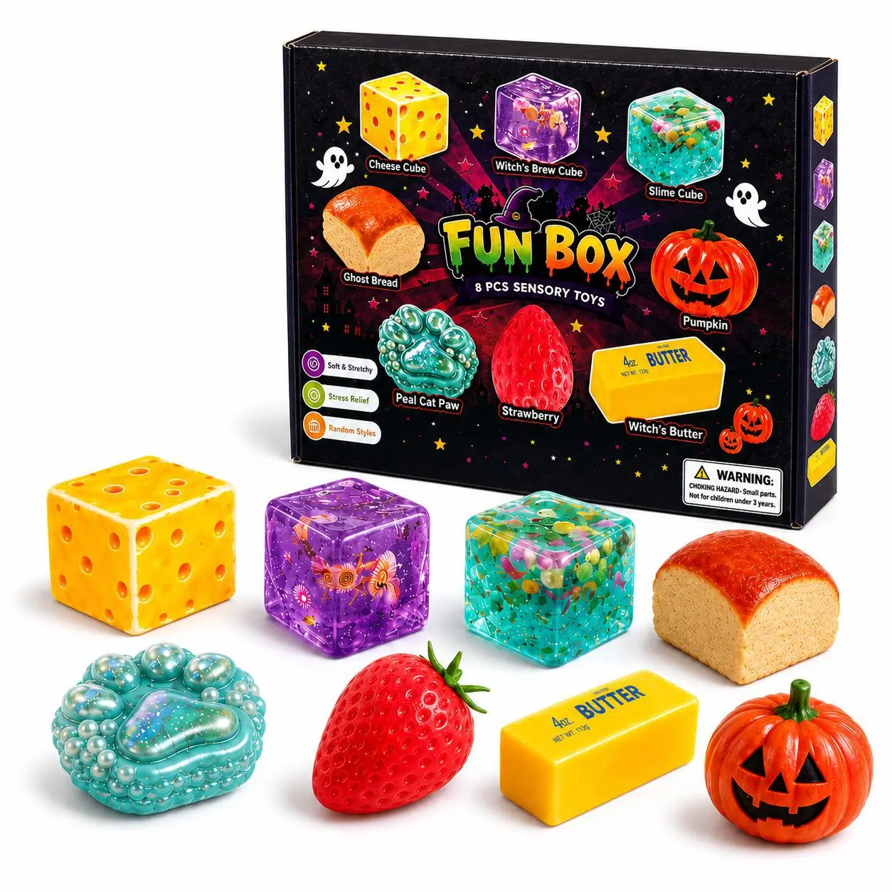 Fun Silicone Gift Box with Sensory Stress-Relief Toys, Cute Stress-Relief Silicone Toy Set, Includes a Pumpkin, Cat Paw, Cheese Cube, Butter Cube, Strawberry, and More; Stress-Relief Squeeze Toys Suitable for Children and Adults,
