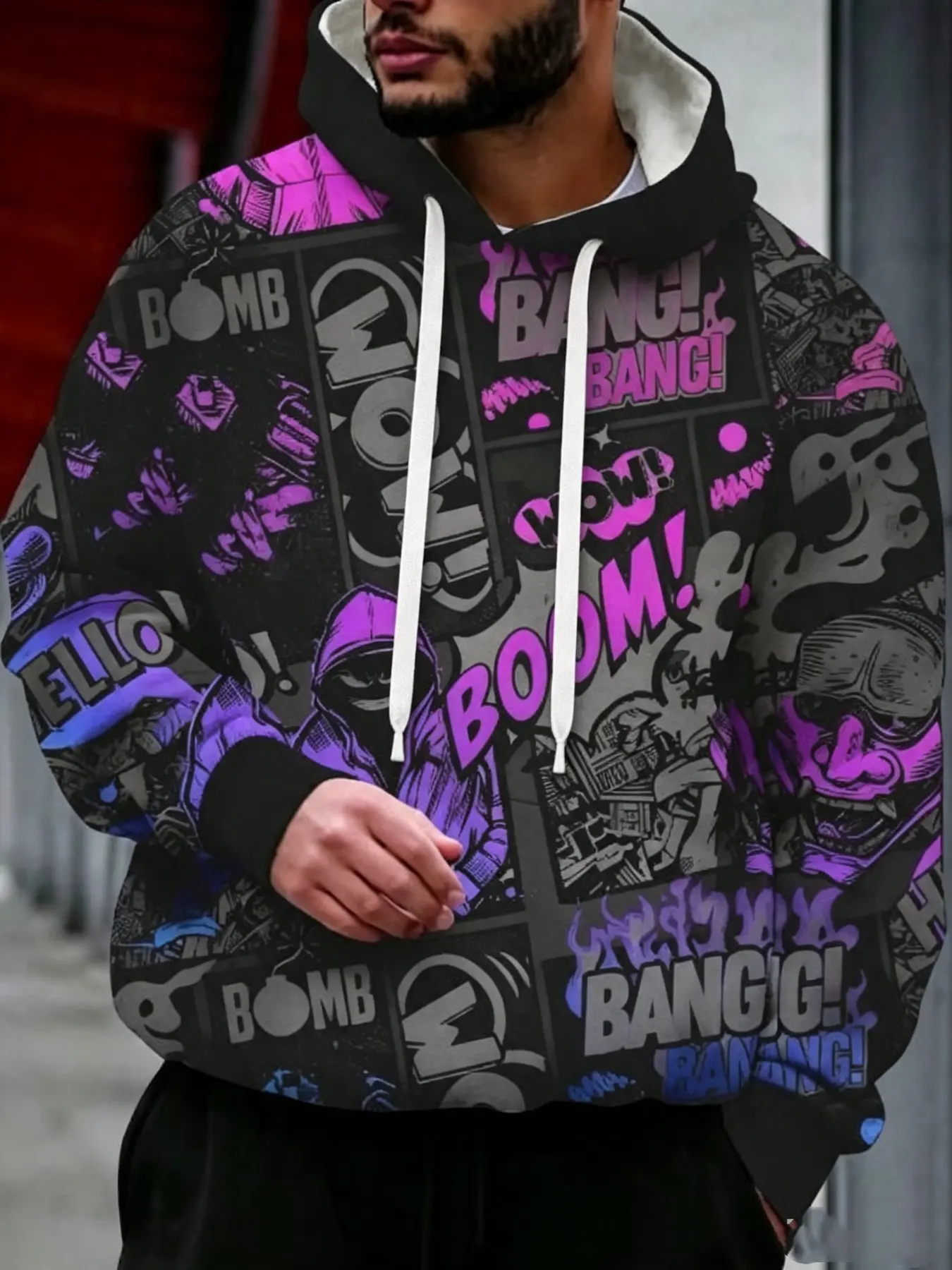 Dark Style Graffiti Masked Man Print Hoodie, Spring & Fall Regular Fit Long Sleeve Jacket, Trendy American Streetwear Fashion