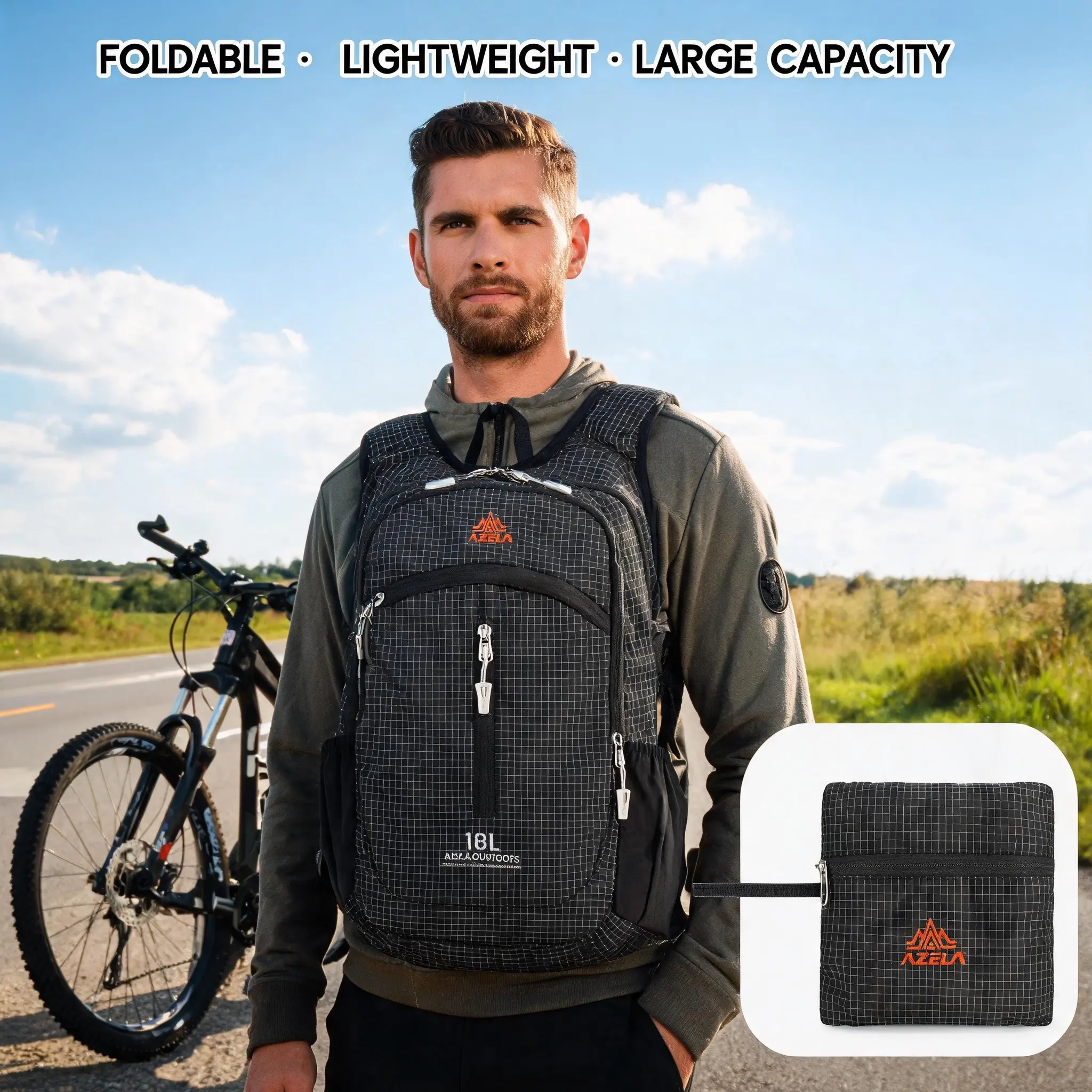 Azela Large Capacity Multi-Functional Outdoor Cycling Backpack, Waterproof Nylon Travel Bag, Adjustable Straps, Zipper Closure, Hiking, Camping