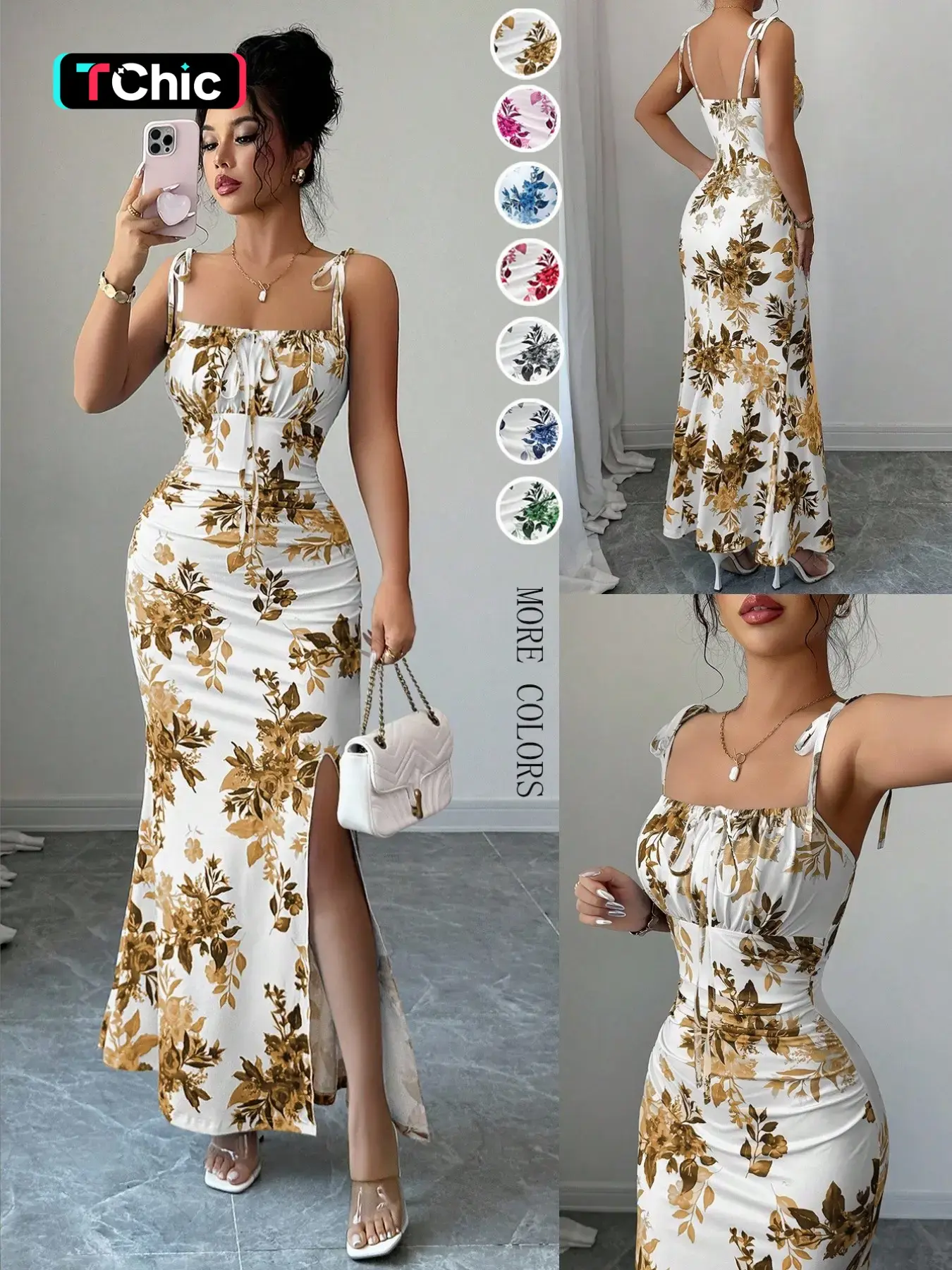 New Women's Floral Fine Strap Bow Waist Ruched Hem Slit Design Dress, Casual Fitted Party Daily Wear, Tall Slimming Elegant Dress