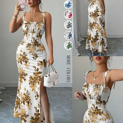 New Women's Floral Spaghetti Strap Bow Waist Ruched Hem Slit Design Dress, Casual Fitted Party Daily Wear, Tall Slimming Elegant Dress, Bodycon Ruched Dress