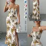 New Women's Floral Spaghetti Strap Bow Waist Ruched Hem Slit Design Dress, Casual Fitted Party Daily Wear, Tall Slimming Elegant Dress, Bodycon Ruched Dress