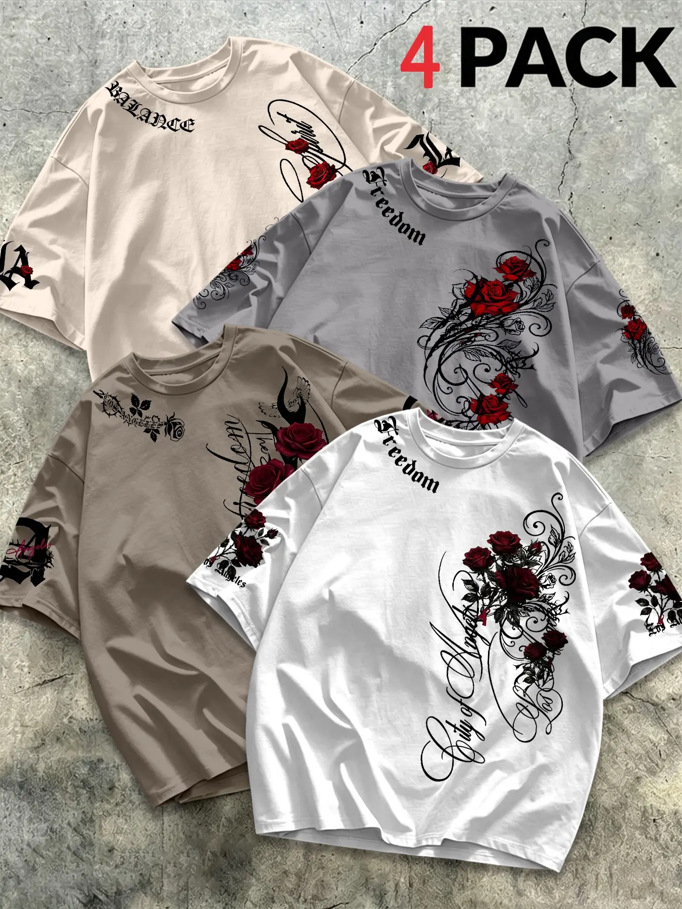 4-Pack Gothic Rose Print Oversized T-Shirts, Men's Street Style Loose-Fit Long Sleeve Tops, Multiple Colors Available, Trendy Casual Wear, Streetwear