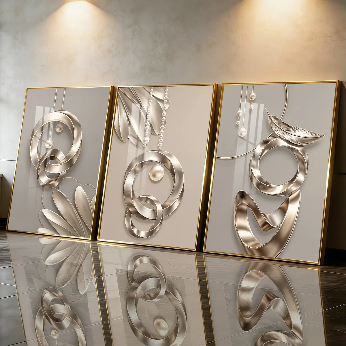 3 Count Aluminum Alloy Frame Canvas, Wall Art Set, Fashion Poster, Metallic Rings And Pearls Abstract Art, Modern Living Room Decoration, Light Luxury Family Art, Suitable For Bedroom, Corridor And Office Wall Decor, Gift, Decoration Items