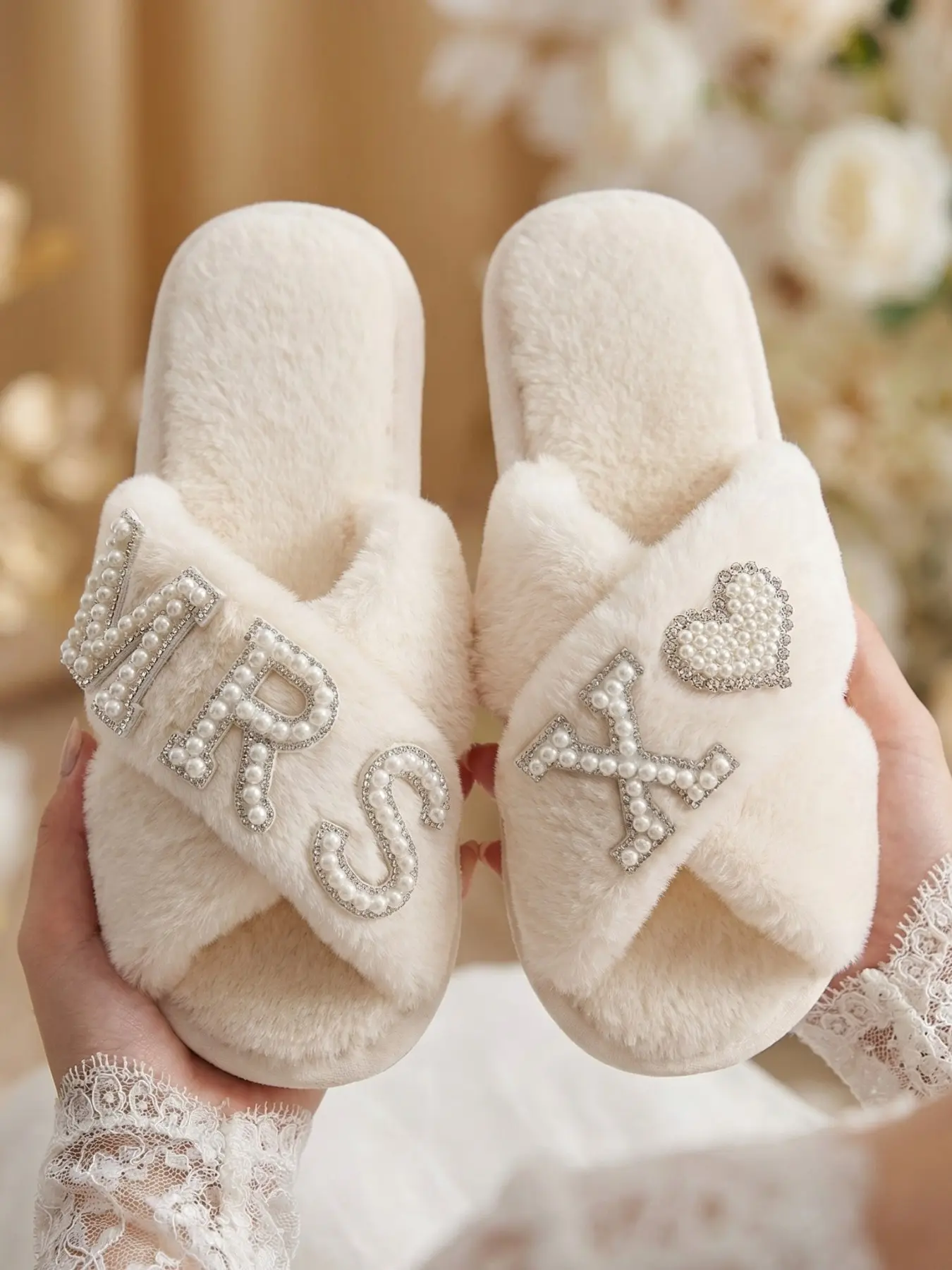 Ivory Cross Band Fuzzy Bride Slippers, Home Slippers, Pearl Rhinestone MRS X Letter & Pearl Heart Open Toe Plush House Slides, Soft Warm Non-Slip Indoor Footwear, Matching Wedding Morning Robe Accessory, Bridal Shower Honeymoon Gift, Wedding