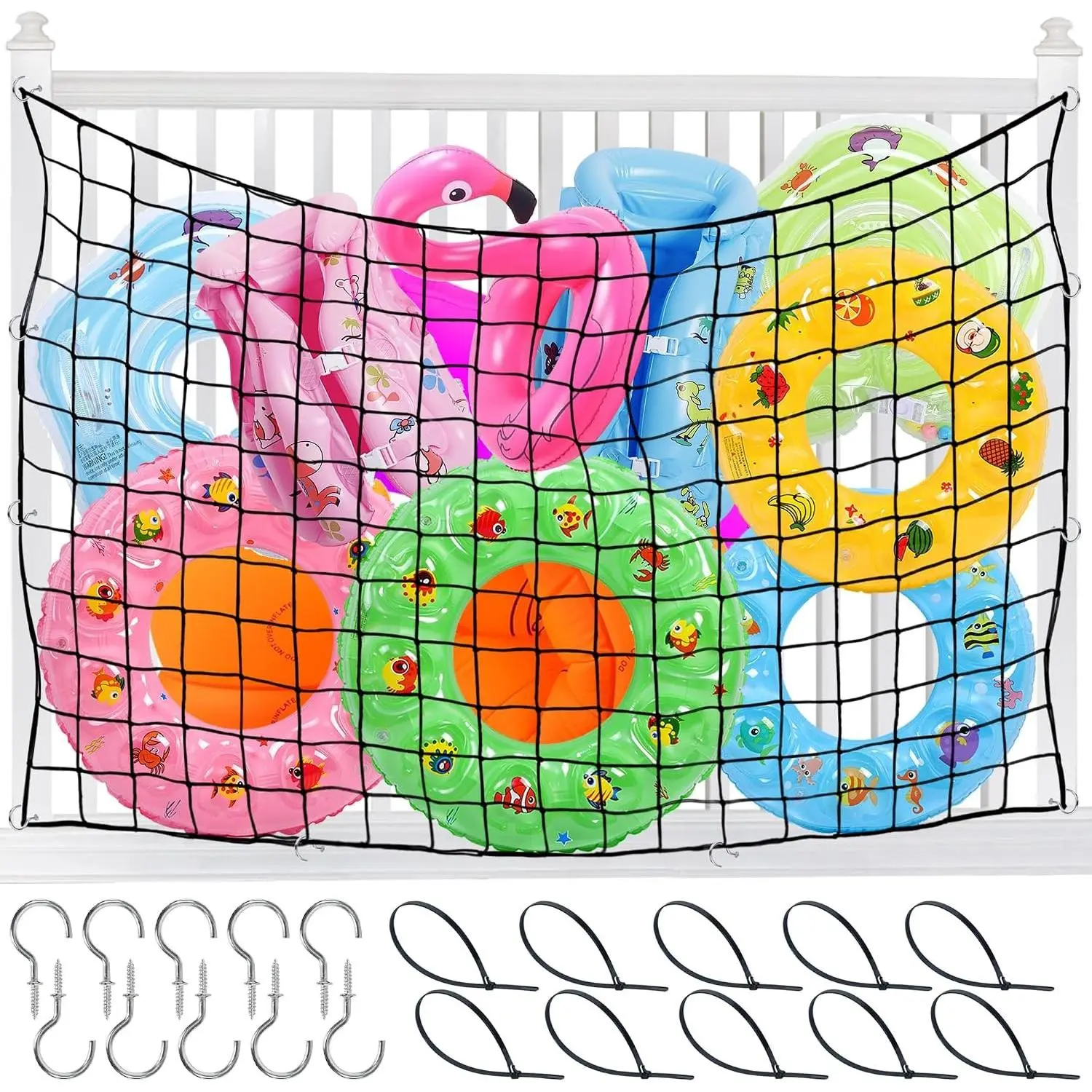 Extra Large Pool Float Storage Net, 71 x 47 Inch Hanging Pool Toy Storage Bag Swimming Poolside Fence Heavy Duty Outdoor Float Holder with Hook and Ties for Water Inflatable Rafts Toys