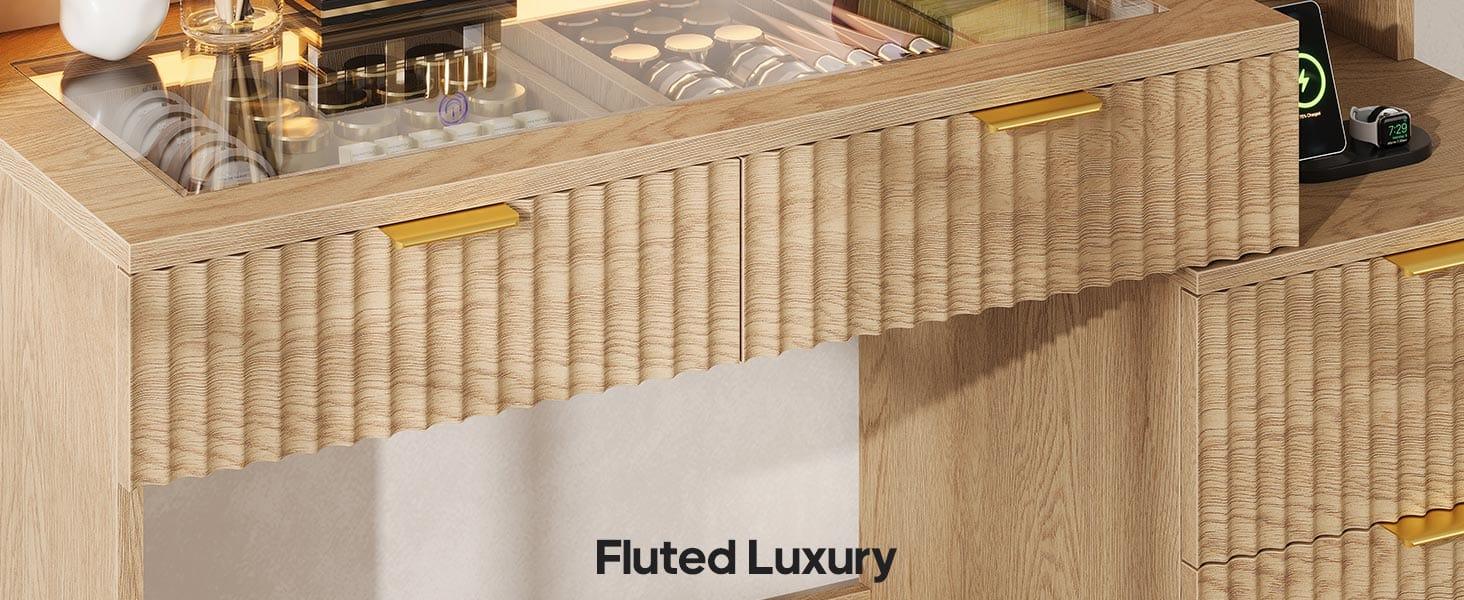 Fluted Makeup Vanity with Sync Music LED Lights and Glass Top Natural Oak