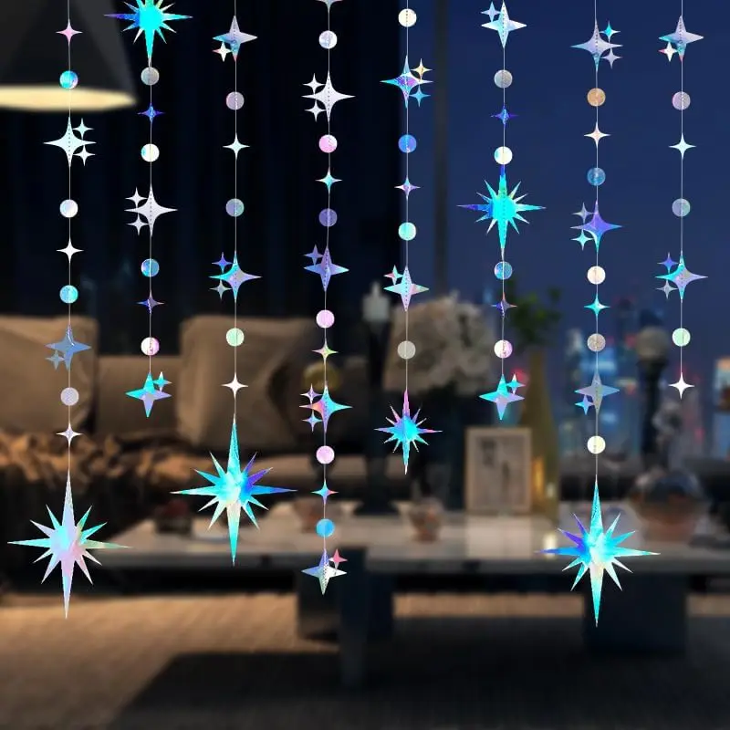 Glitter Iridescent Star Circle Dot Garland 30 Feet Twinkle Iridescent Star Circle Dot Ceiling Hanging Banner Backdrop for Birthday Wedding Shower Graduation Disco Party Decorations