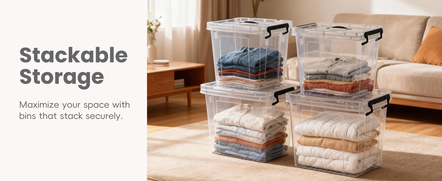 4/6-Pack 10/25 Qt Clear Storage Bins with Lids – Stackable Plastic Organizer for Home, Office & Garage – Heavy-Duty BPA-Free See-Through Containers with Secure Latches & Handles